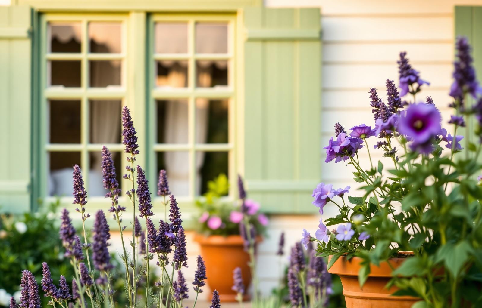 Casa de campo escandinava con ventanas pintadas en verde y flores de lavanda